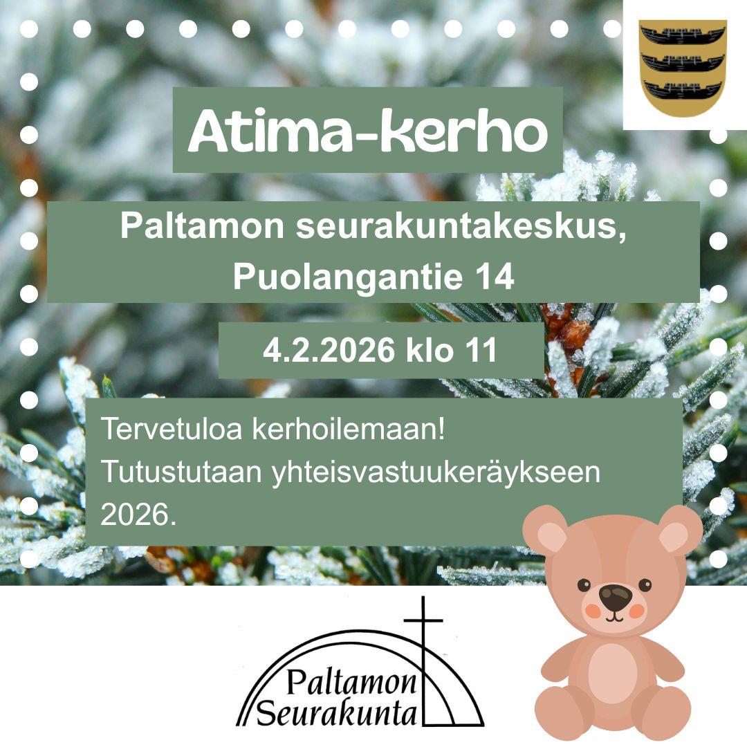 Taustalla luminen kuusi. Kehyksenä valkoisia palloja. Kerhon nimi ja muu info valkoisella vihreällä pohjalla. Oikeassa yläkulmassa Paltamon vaakuna. Oikeassa alakumalla istuva nalle ja keskellä alareunassa Paltamon seurakunnan logo.